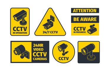 Cctv systems. Information badges safety anounce warning robbery signal security danger alert vector sign. Attention badge security, cctv safety warning illustration