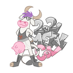 Happy cartoon metal music smiling cow in a proud pose