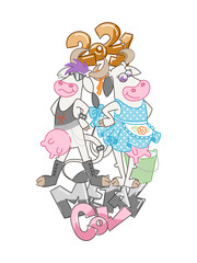 Happy cartoon metal music smiling and pin-up dress cows