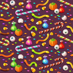 Fototapeta na wymiar Seamless pattern with colorful Halloween sweets for children: candy, chocolate, jelly isolated on dark background.
