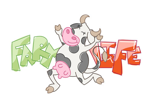 Happy cartoon jumping and dancing smiling cow
