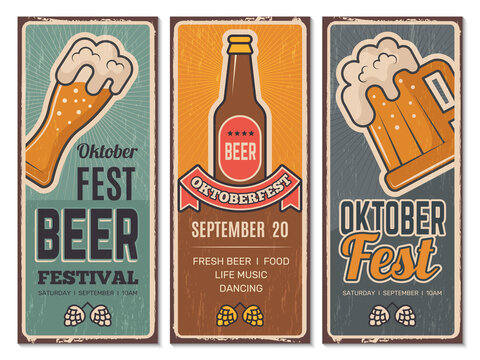 Beer festival invitation. Oktoberfest vintage banners with pictures of craft beers lager germany bavaria pub drink menu vector retro . Oktoberfest invitation, pub poster vintage illustration