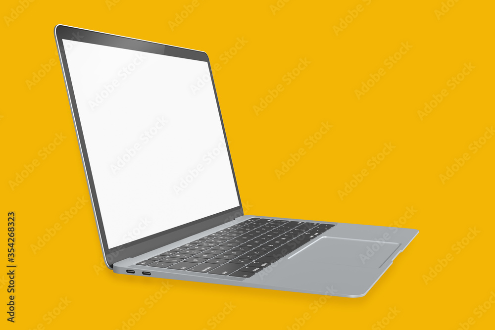 Poster side view modern laptop mockup computer open white screen isolated with clipping mask on yellow back