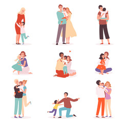 Fototapeta na wymiar Family embrace. Happy parents hugging smiling kids comforted childhood mother kisses vector cartoon characters. Family hug, cheerful embrace together relationship illustration