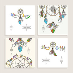 Collection of drnate dream catcher templates. Vector abstract illustration with feathers, modern line style