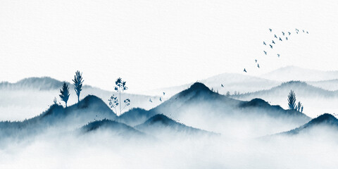 Blue ink landscape painting with ink dots，Oriental ink painting，Blue Mountain ink illustration，