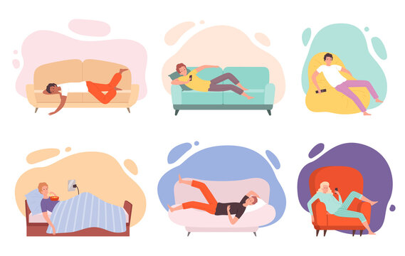 Lazy Characters. Laying People On Couch Or Sofa Watching Tv Sleeping Eating In Bed Relaxing Persons Vector Illustrations. Lazy Person On Couch, Sofa Relax Cartoon