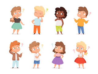 Question expression kids. Little genius high iq teenagers with question marks thinking vector illustrations. Child doubt, smart thoughtful about question, confused character