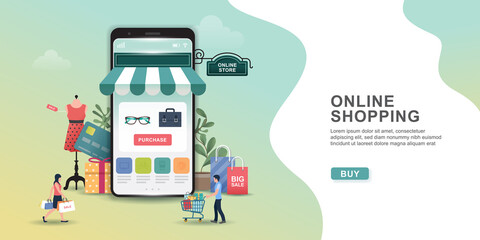 Online shopping design concept with people and Mobile. Online shopping app, gifts, shopping items, credit cards.