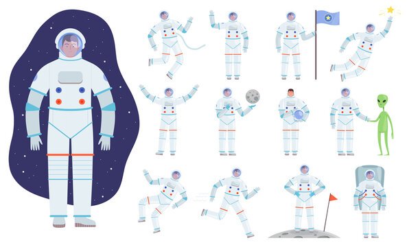 Cosmonaut costume. Professional clothes of astronaut vector flat characters in action poses. Astronaut or cosmonaut in suit, costume spaceman professional illustration