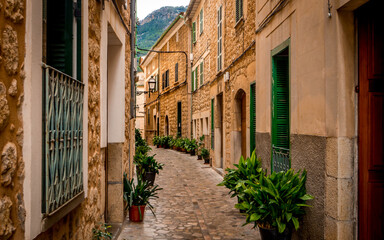 quaint narrow alley in mediterranean flair lined with pot plants inside the old town of soller, popular travel destination in mallorca