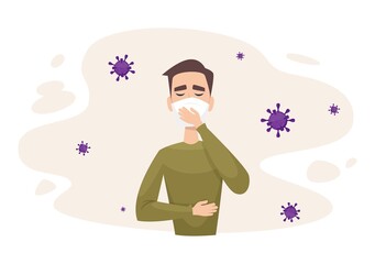 Man in protective mask. Flu virus protection, boy health and safety. Pollution air or disease epidemic vector illustration. Man in mask protection virus and flu