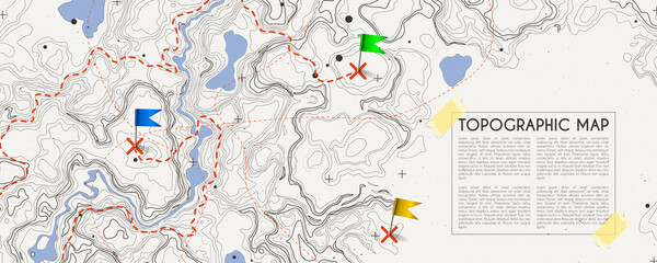 Fictional topographic map with pins and paths. Lined conceptual elevation map