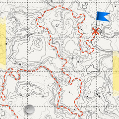 Fictional topographic map with pins and paths. Lined conceptual elevation map