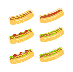 Set of hotdogs with salad, cucumber, tomato, onion, ketchup or mustard. American fast food. Flat vector illustration.