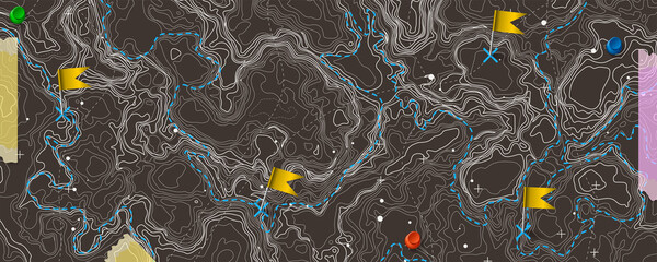 Fictional topographic map with pins and paths. Lined conceptual elevation map