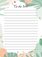 Pastel color floral to do list for notes. Planner with place for text and motivational phrases. List of tasks, organizer or event reminder, business. Decorative template. Flat vector illustration.
