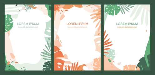 Set of trendy modern templates posters for text. Floral tropical pastel background for wedding and party invitations. Palm leaves in paper-cut style are isolated on white. Flat vector illustration.
