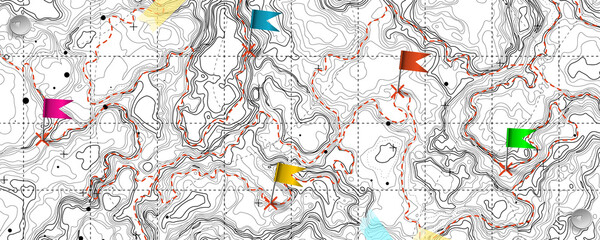 Fictional topographic map with pins and paths. Lined conceptual elevation map