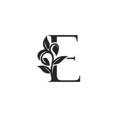 Monogram Nature Floral E Luxury Letter Logo Concept. Elegance black and white florist alphabet font vector design template.