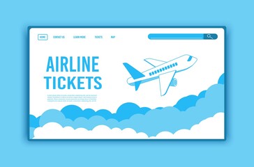 Airplane ticket template or landing page design, banner with flying airliner in sky