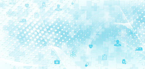 Abstract medical and science healthcare blue banner design template. Health care medicine concept. Medical innovation pharmaceutical tech banner. Wave flow. Vector illustration.