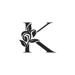 Monogram Nature Floral K Luxury Letter Logo Concept. Elegance black and white florist alphabet font vector design template.