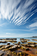 Breathtaking sea with white clouds. Sicily, Italy Europe.