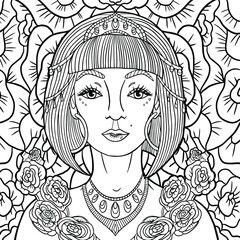 Girl with a tiara and flowers. Beauty portrait. Coloring book page for adult.  Fashion art on flower background. Vector isolated illustration.