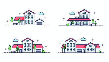 Set of illustrations in flat line style includes town, city, house, building and real estate. Concept of vector illustration isolated on white background for web and print.