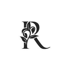 Monogram Nature Floral R Luxury Letter Logo Concept. Elegance black and white florist alphabet font vector design template.