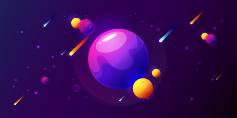 Fototapeta na wymiar Fantasy colorful art with planets, stars and comets. Cool cosmic background for game or poster design
