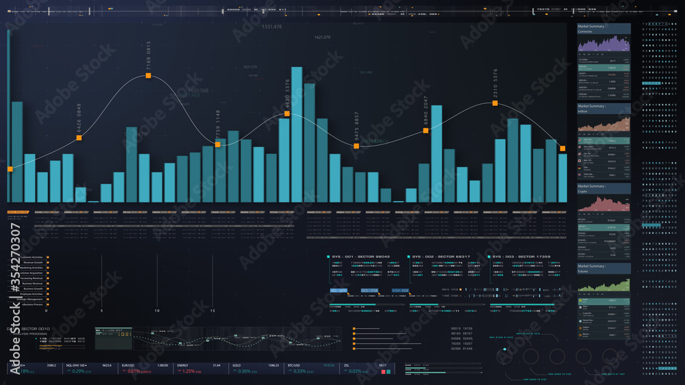 Poster business stock market, trading, info graphic with animated graphs, charts and data numbers insight a
