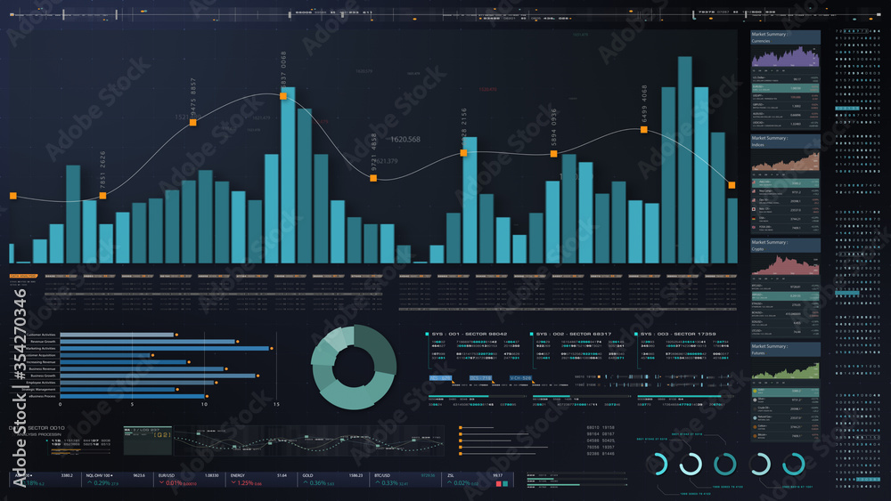 Poster business stock market, trading, info graphic with animated graphs, charts and data numbers insight a