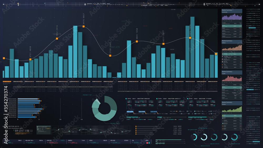 Leinwandbilder Business stock market, trading, info graphic with animated graphs, charts and data numbers insight analysis to be shown on monitor display screen for business meeting mock up theme