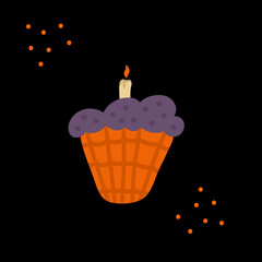 Cupcake with a candle for Halloween. Vector illustration. Decor for Halloween celebration. Orange cupcake