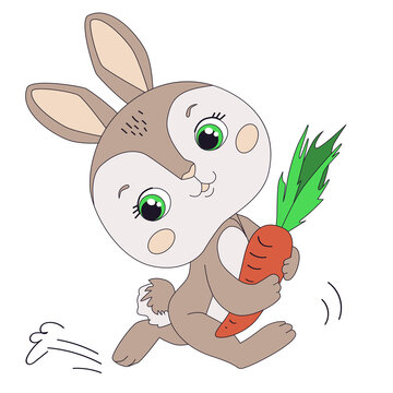 Small lovely rabbit holds giant carrot