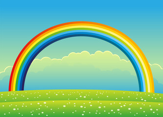 Illustration with a beautiful rainbow in the sky over a green meadow with flowers.