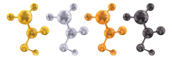 Molecules of gold, silver, black coal, copper. Science and technology concept. Abstract composition of molecules and atoms. Set of vector 3d illustrations on a white background.