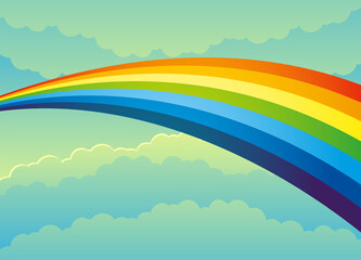 Illustration with a beautiful rainbow in the cloudy sky.