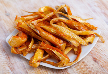 Appetizing strips of smoked salmon