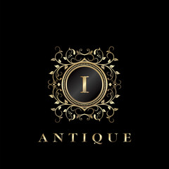 Circular Baroque Nature Leaf Luxury Letter I logo. Antique elegance design floral ornament on circle frame with gold vintage . Vector logo template, labels and badges