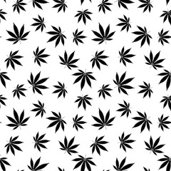 Cannabis seamless pattern. Marijuana leaf, black weed plant. Hashish texture, isolated white background. Hemp psychedelic grass. Fabric print for medical wallpaper. Simple design Vector illustration