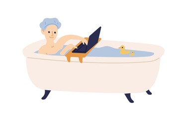 Smiling woman surfing internet during taking bath vector flat illustration. Happy female relaxing at bathroom spending time online isolated on white. Cute girl chatting or watching use laptop