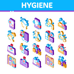 Hygiene And Healthcare Icons Set Vector. Isometric Cleaning Mobile Phone And Handle Sanitized Antiseptic, Wash Hand, Head And Body Hygiene Illustrations