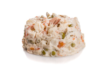 Russian salad, typical spanish food, isolated on white with reflection. Ensaladilla rusa.