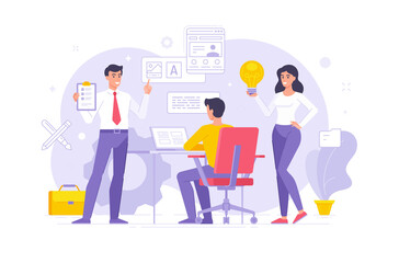 Modern colleagues sharing ideas and create design in office vector illustration