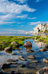 Fototapeta na wymiar Limestone coastal landscape on the island of Gotland in Sweden