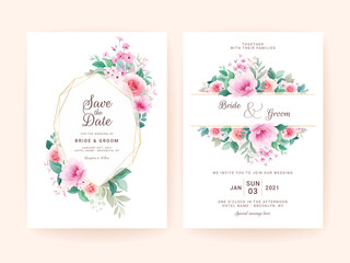 Wedding invitation template set with geometric floral frame. Roses and sakura flowers composition vector for save the date, greeting, thank you, rsvp, etc