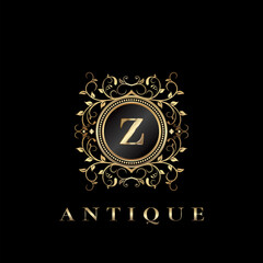 Circle Nature Leaf Luxury Letter Z logo. Antique elegance vector design floral ornament on circle frame with gold vintage . Vector logo template, wedding labels and badges